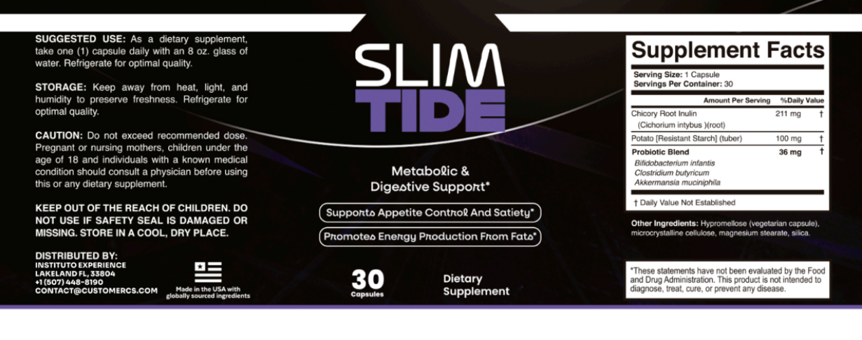 SlimTide Supplement Facts, directions and storage information